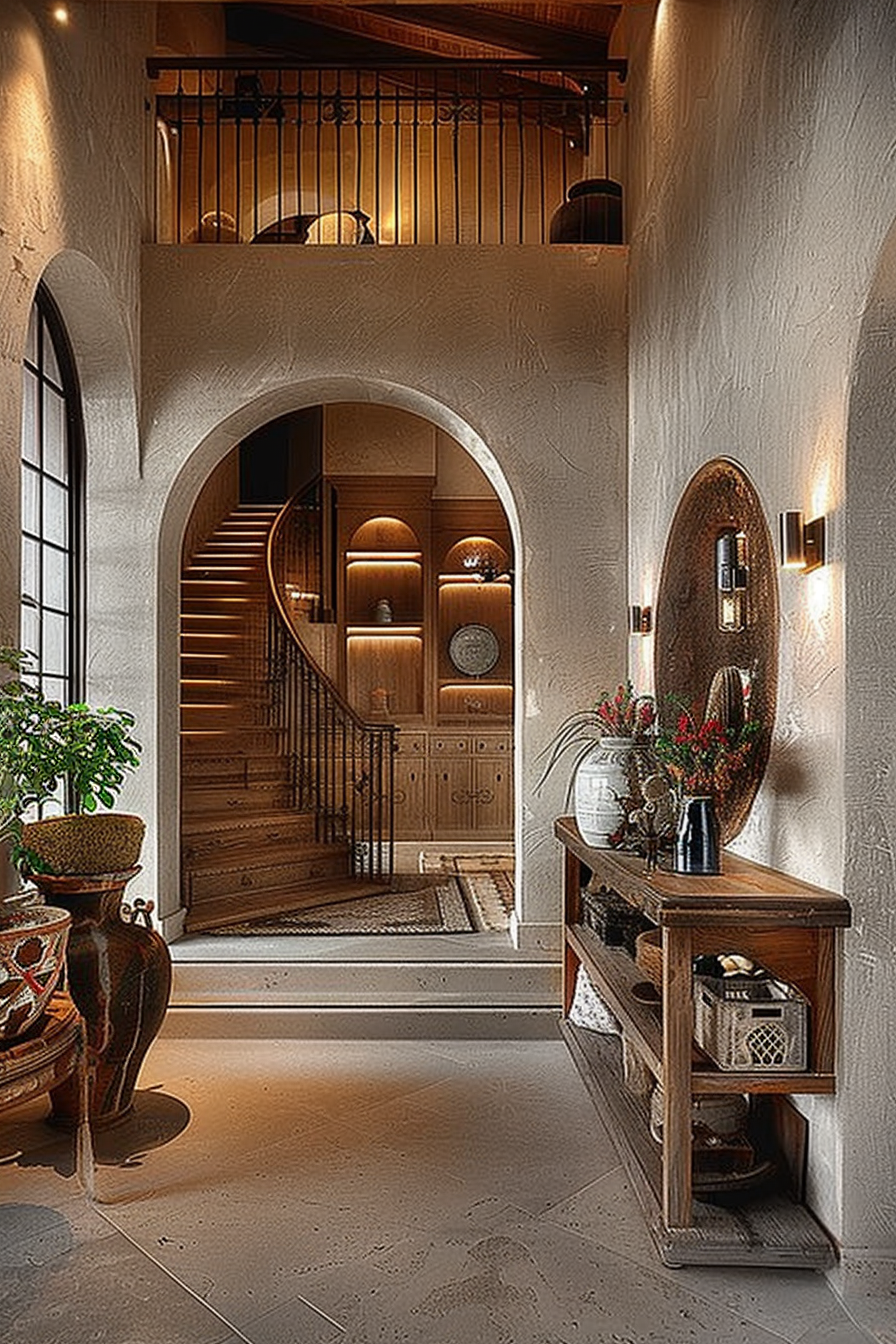 Elegant interior hallway with arched doorway, curved wooden staircase, built-in shelving, and rustic console table with decorative vase.