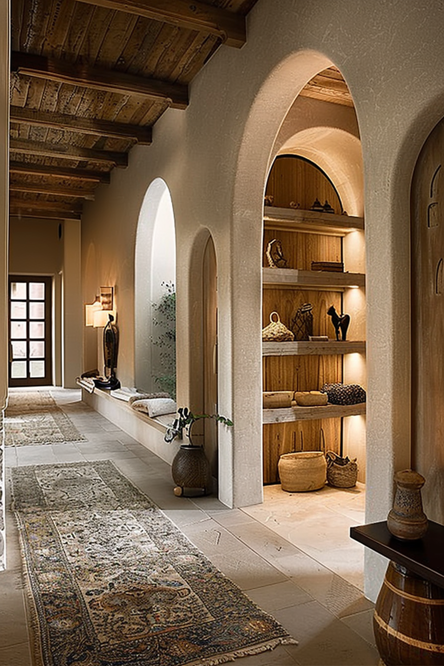 Elegant hallway with arched alcoves, wood shelving, ornate rugs, and rustic decor elements under a wooden beam ceiling.
