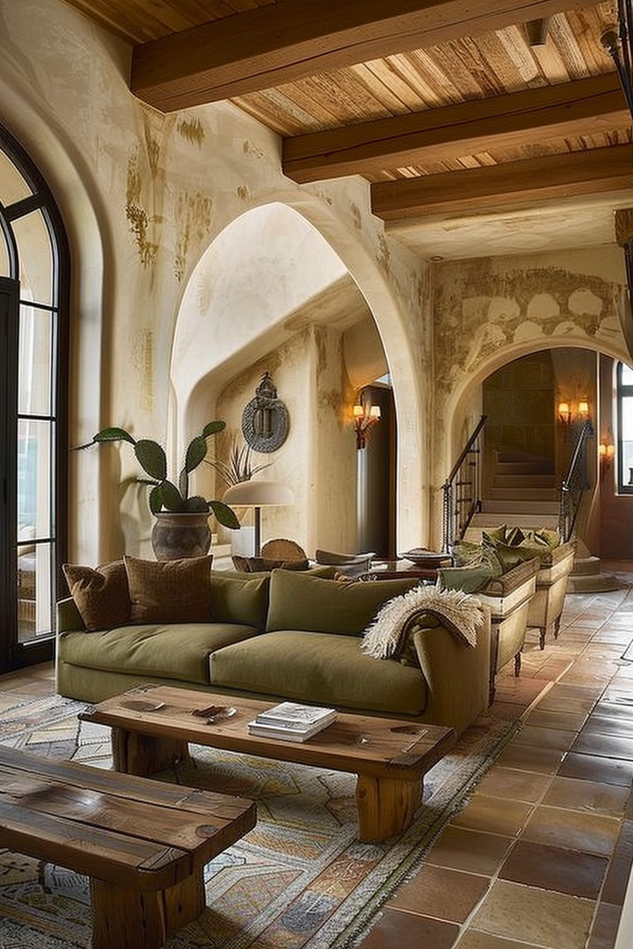 Elegant living room with olive green sofas, rustic wood tables, terracotta floors, and arched doorways with distressed wall finish.