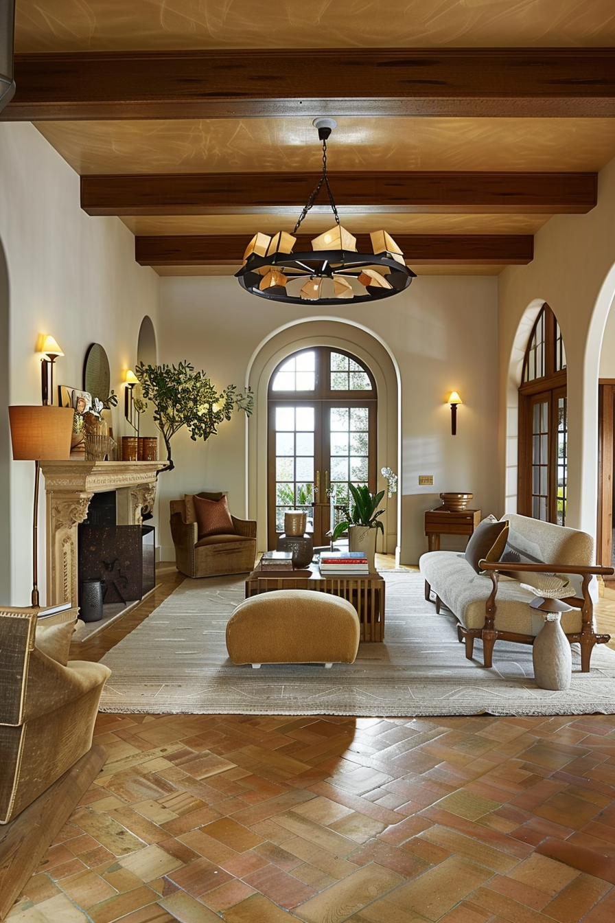 Elegant living room with arched windows, terracotta flooring, a fireplace, and a unique circular chandelier.