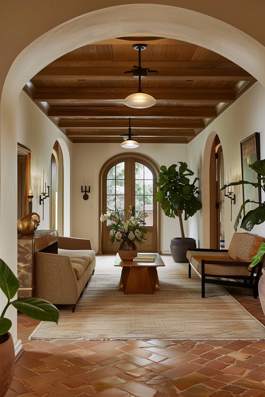 Elegant interior living space with arched doorways, wooden ceiling beams, terracotta tiles, and tasteful furniture.