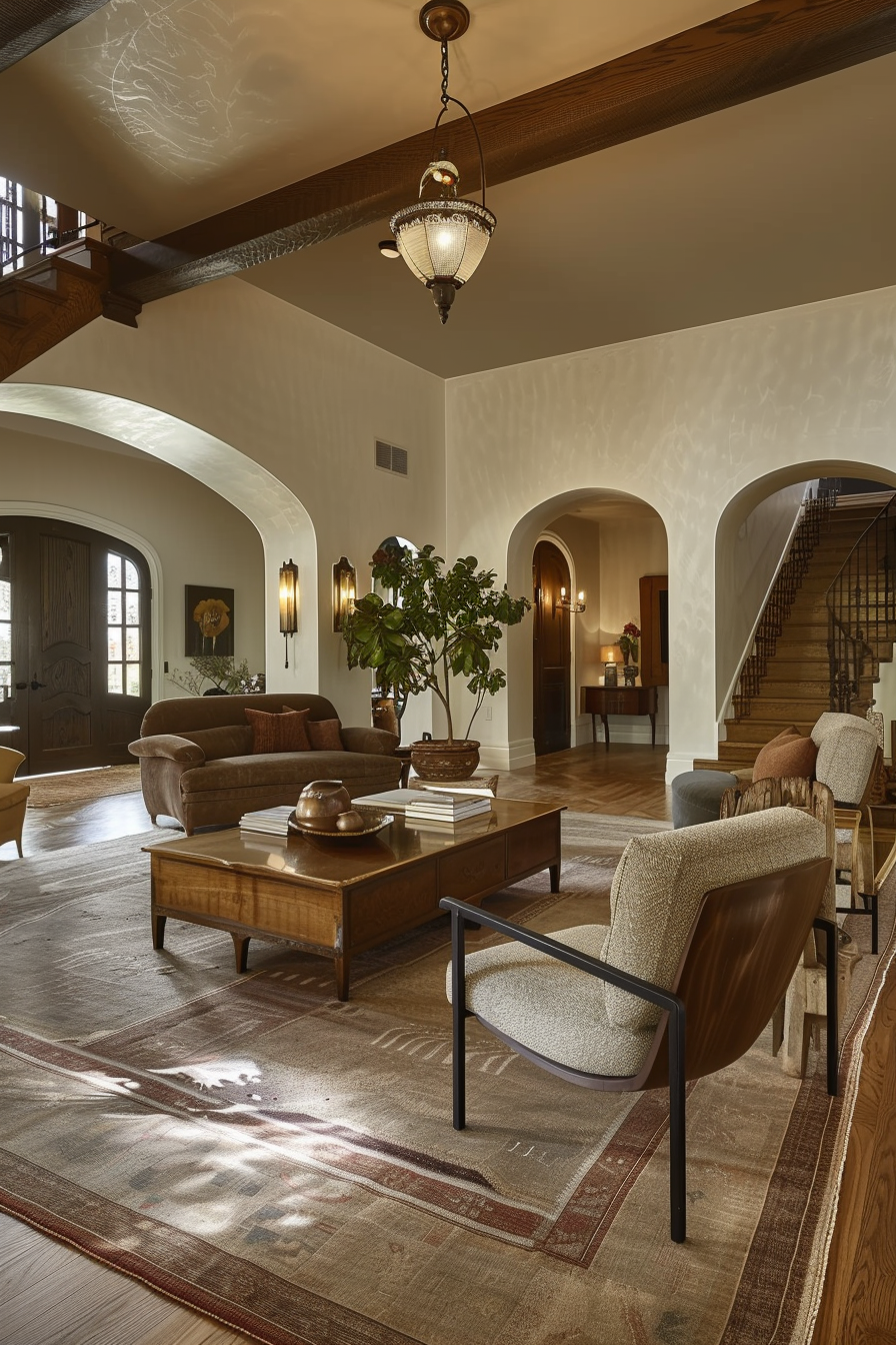 Elegant living room with arched doorways, wooden ceiling beams, a staircase, plush seating, and a large plant beside a coffee table.