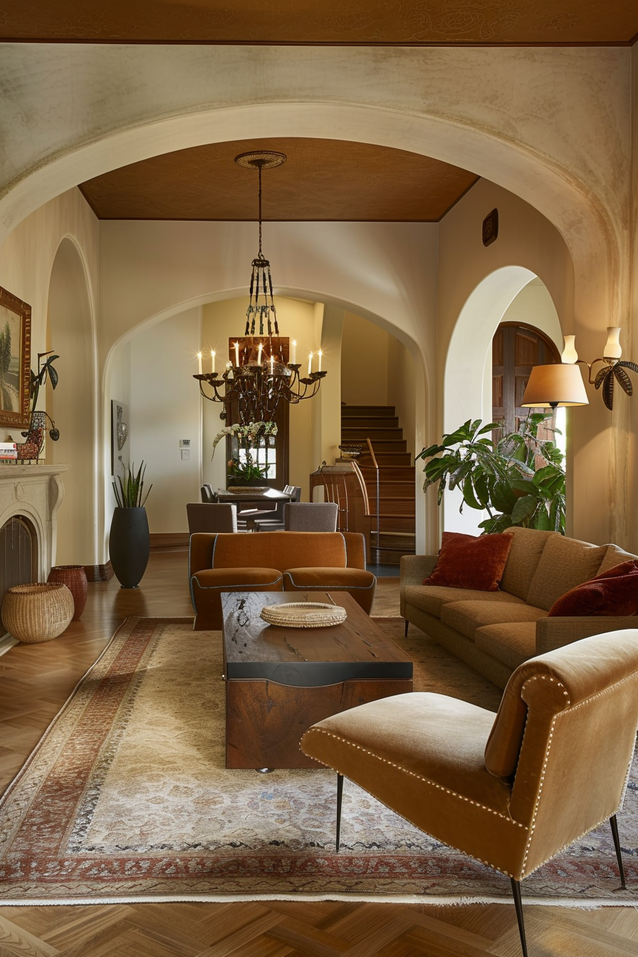 Elegant living room with archways, a chandelier, cozy sofas, a wooden coffee table, and warm lighting.