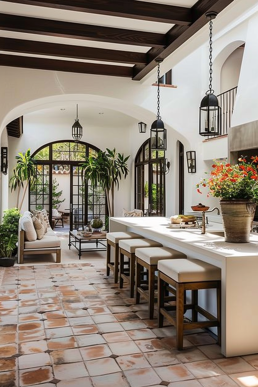 Bright, airy indoor space with terracotta floor tiles, arched doors, pendant lights, a kitchen island with stools, and surrounding greenery.