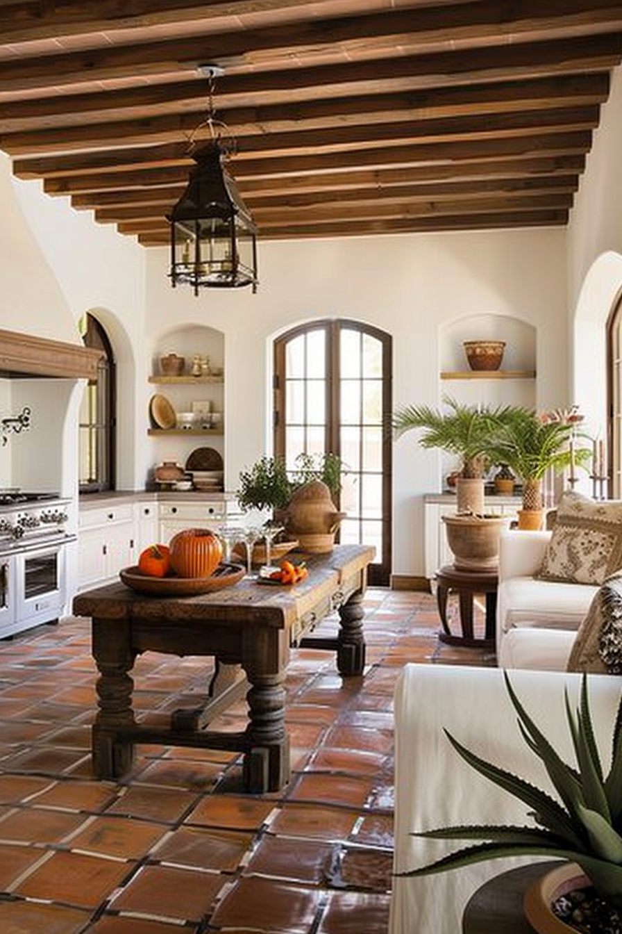 A cozy Spanish-style kitchen with terracotta floor tiles, a rustic wood table, pumpkins, and a black hanging lantern.