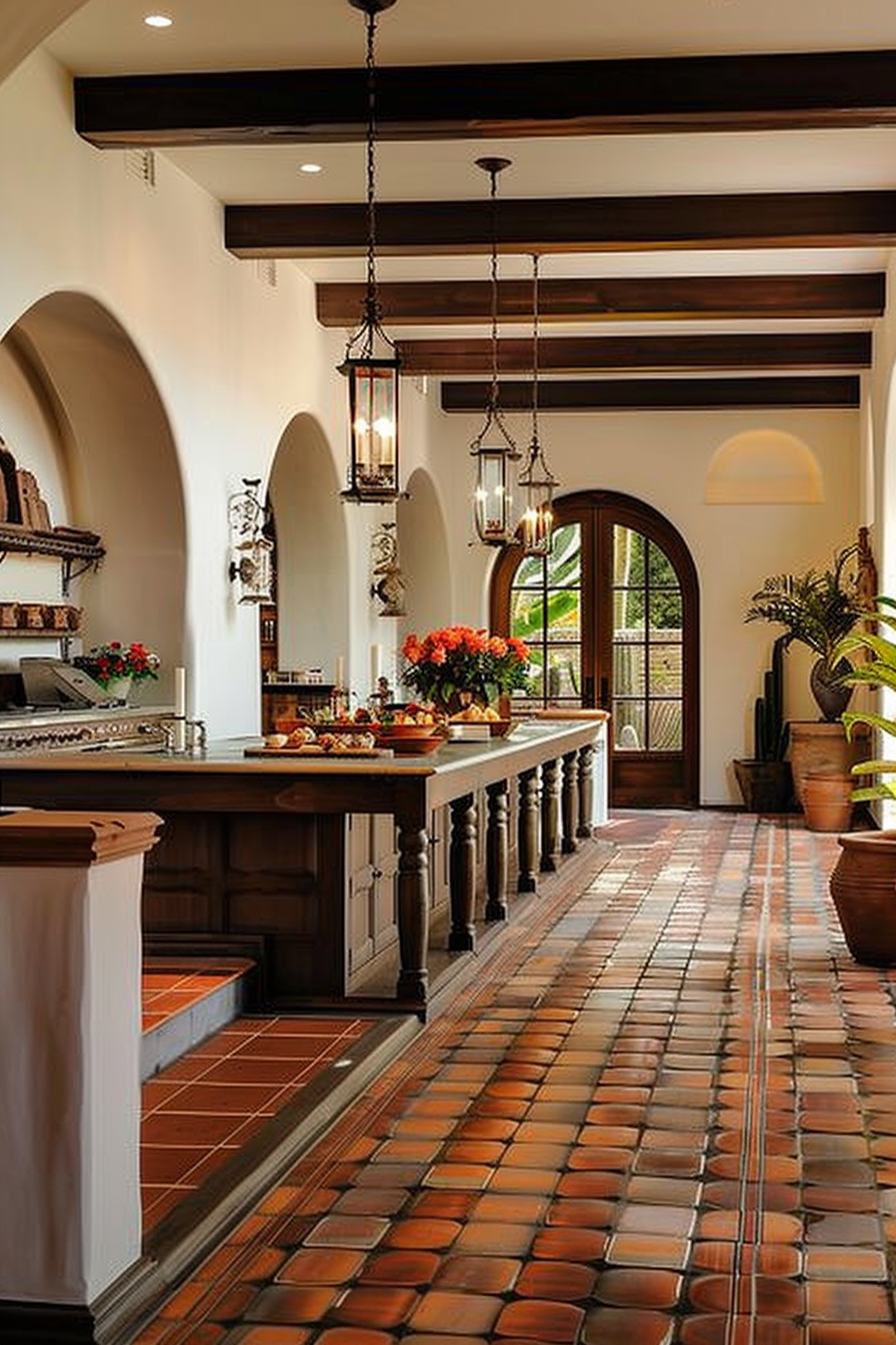 Elegant interior view of a kitchen with terracotta flooring, a central island, hanging lanterns, and archway leading to a garden.