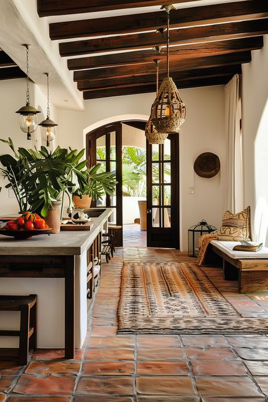 Bright and airy home interior with terracotta floor tiles, wooden ceiling beams, rustic furniture, pendant lights, and lush indoor plants.