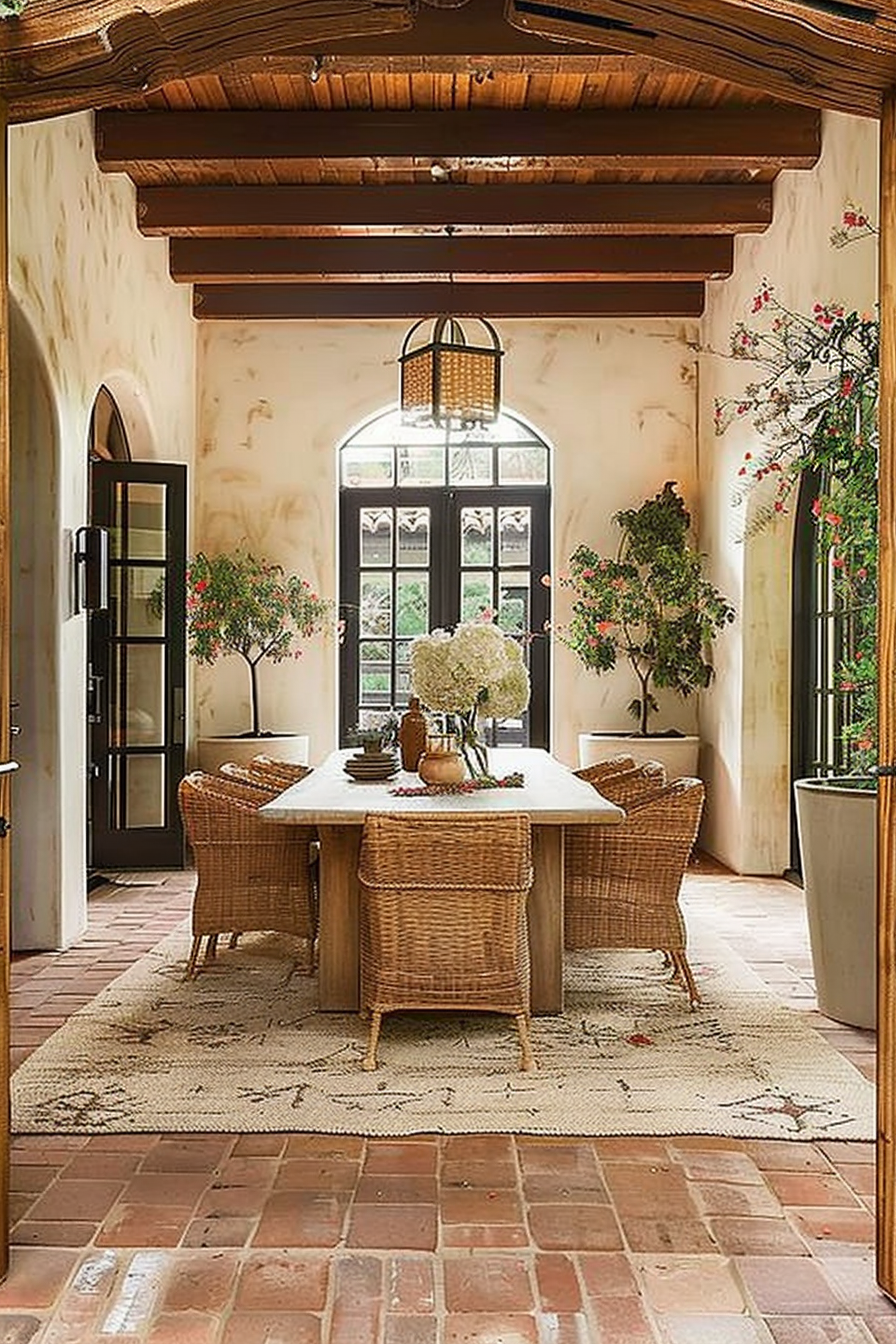 Rustic dining area with a wooden beamed ceiling, terracotta floor, wicker chairs around a white table, and bougainvillea by French windows.