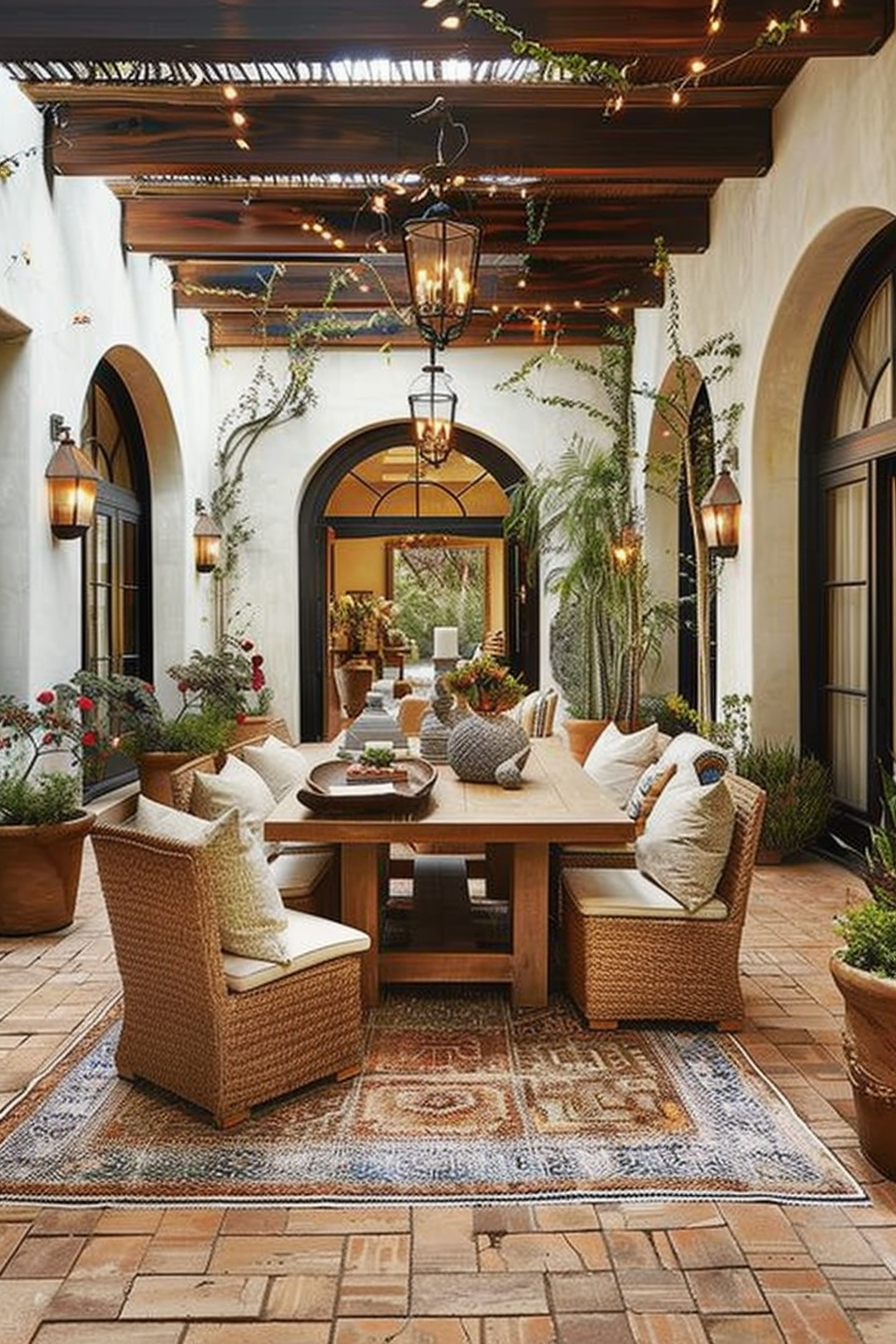 Cozy outdoor patio dining area with wicker chairs, wooden table, decorative lighting, plants, and a patterned rug.