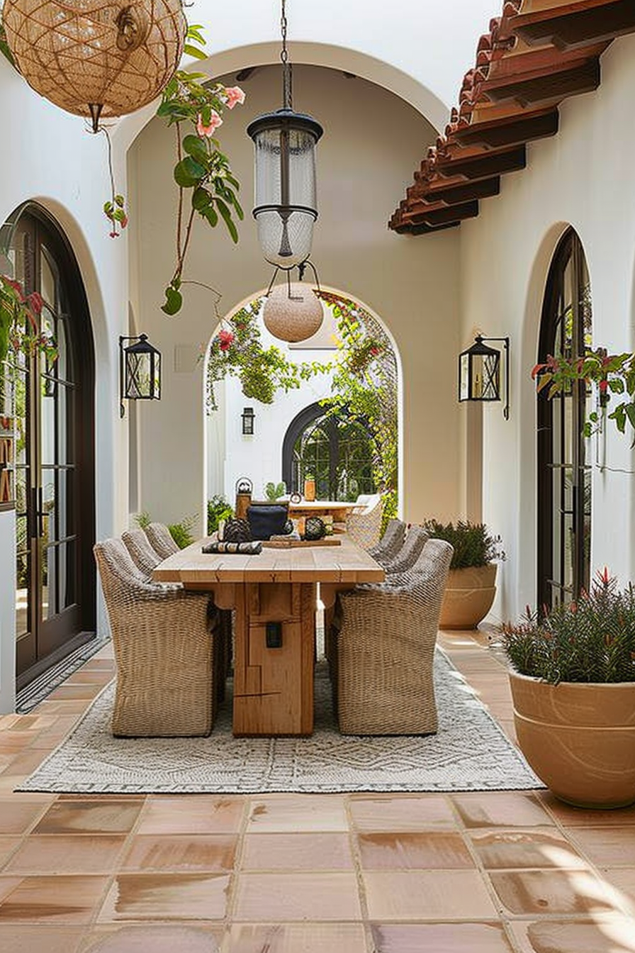 An open-air patio with a wooden dining table, wicker chairs, hanging lanterns, and potted plants, framed by arched walkways.