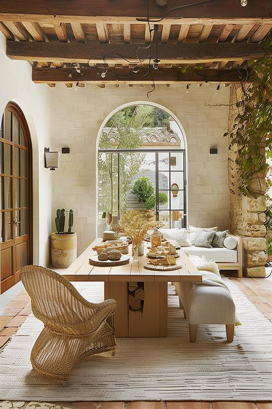 ALT text: Cozy Mediterranean-style dining room with natural light, a wooden table, wicker chairs, terracotta tiles, and greenery by the window.