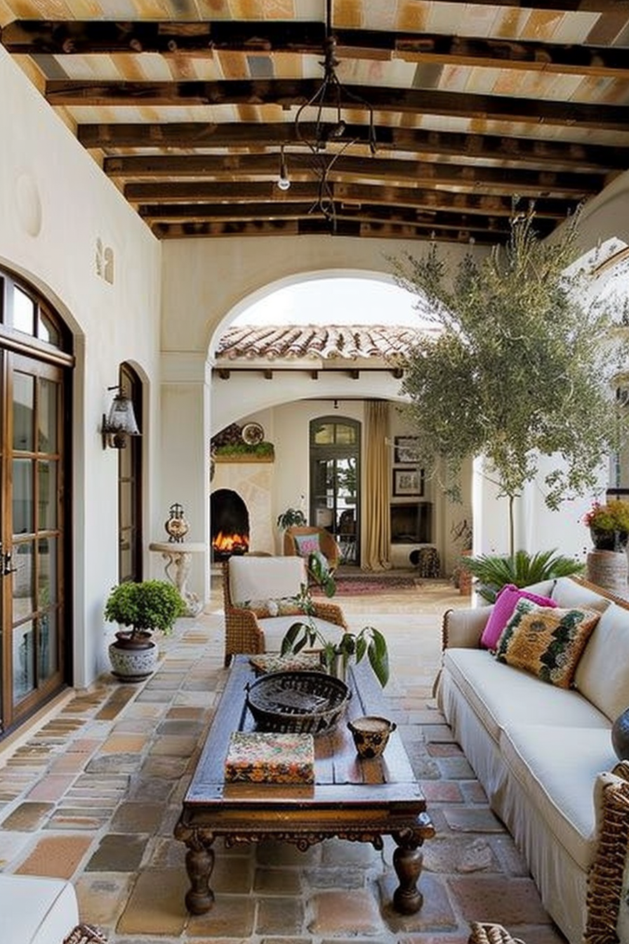 Elegant open-air living room with terracotta flooring, white sofa, rustic coffee table, and a cozy fireplace in a Mediterranean-style home.
