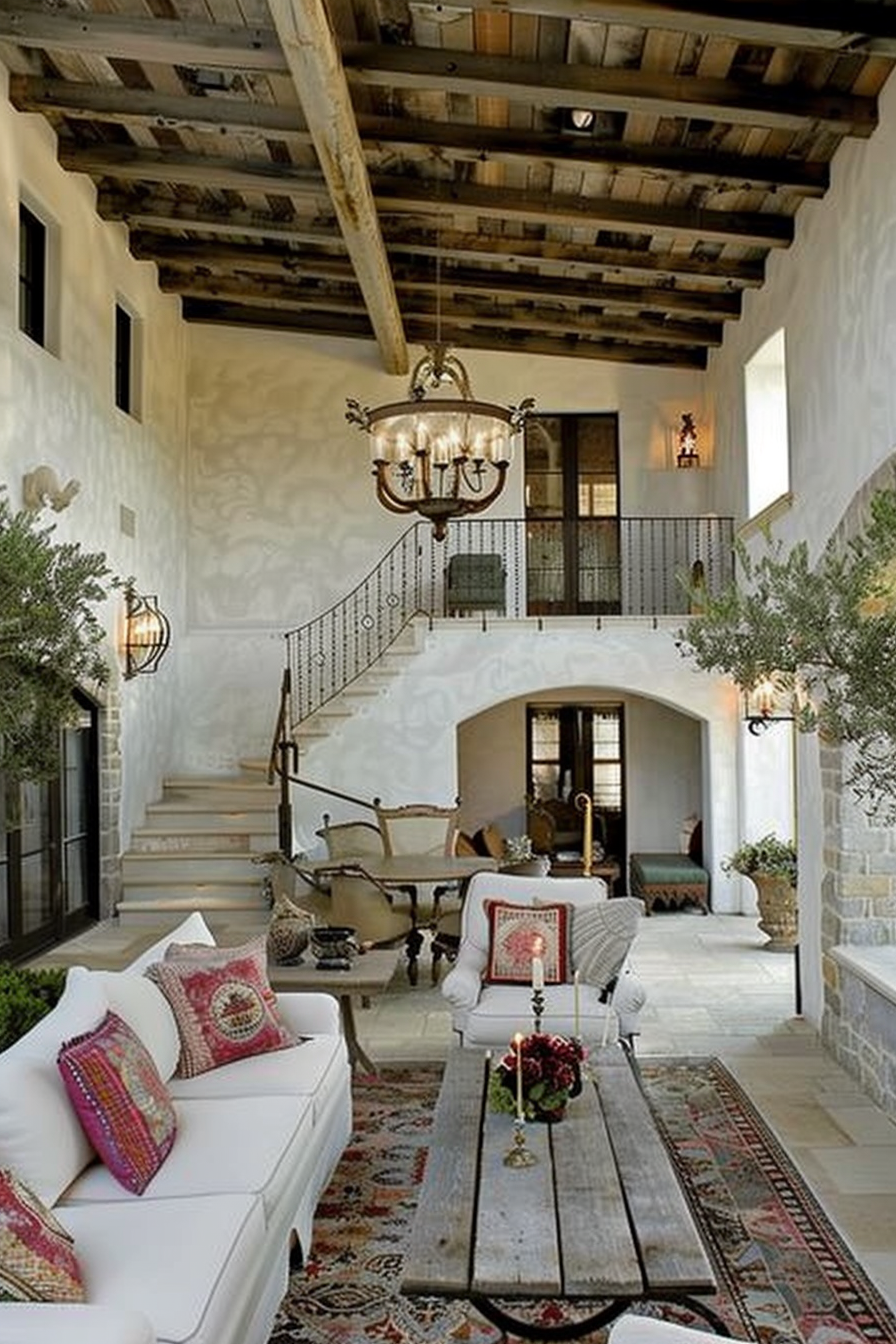 Elegant rustic living room with exposed wood beams, wrought iron chandelier, curved staircase, and eclectic furnishings.