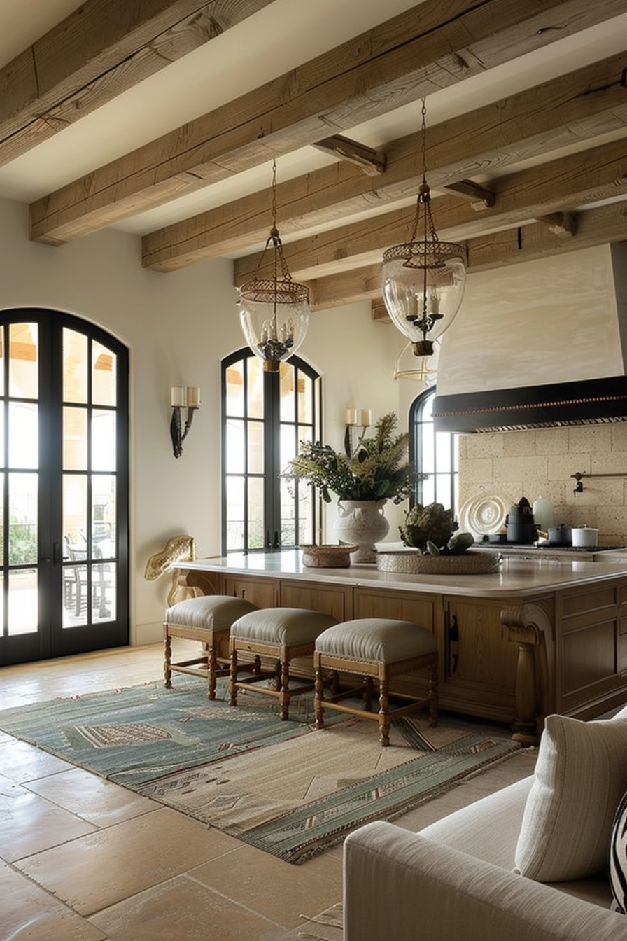 Elegant rustic kitchen interior with wooden beams, pendant lights, a central island with stools, and decorative flowers, overlooking an outdoor area.