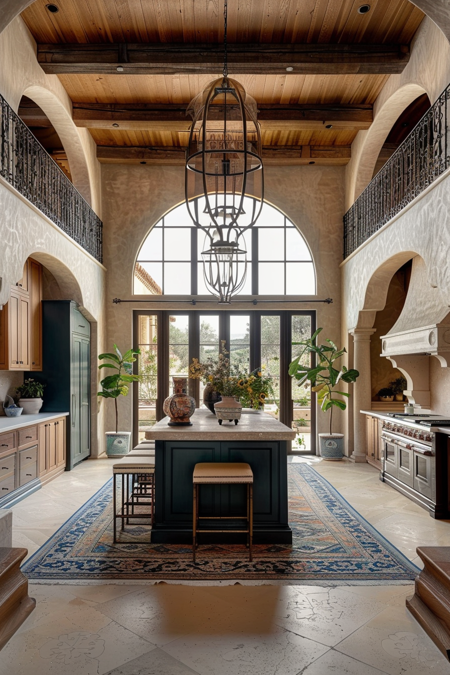Elegant kitchen interior with high ceilings, large arched windows, a chandelier, and patterned rugs on tiled floors.