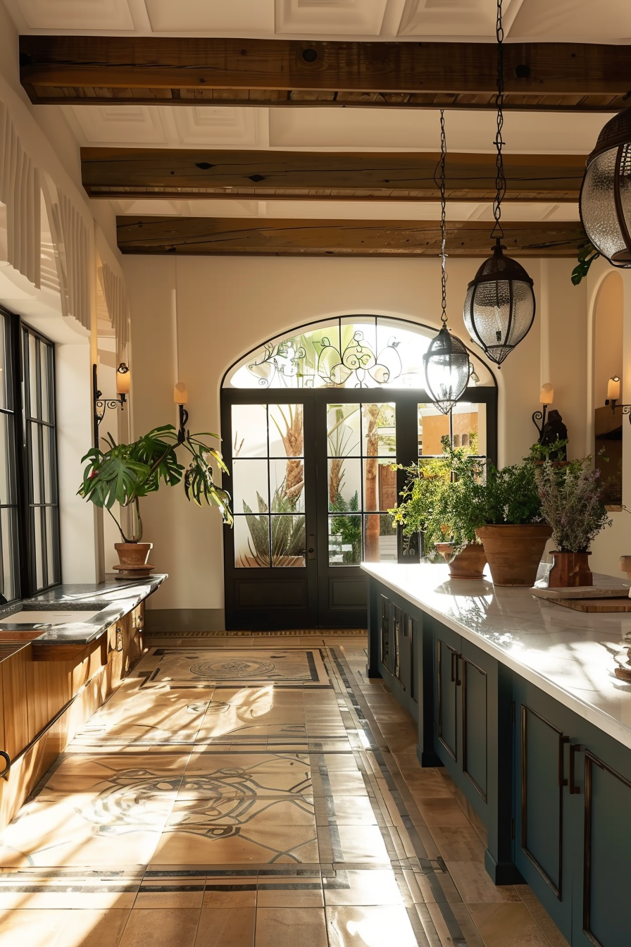 Sunlit kitchen interior with wooden beams, hanging lanterns, arched window, and plants on counters.
