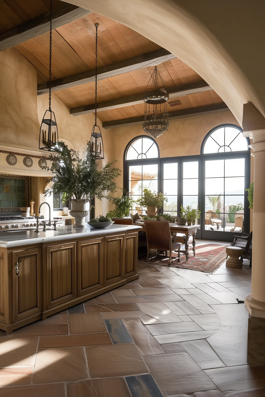 Elegant kitchen interior with natural light, featuring arched windows, wooden ceiling, and decorative chandeliers.