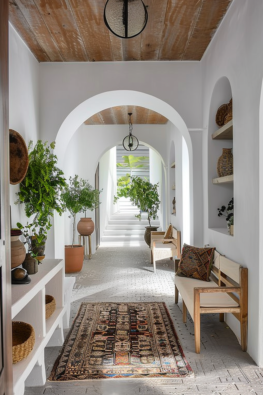 A bright hallway with white walls, arched doorways, wooden benches, potted plants, and a decorative rug on a patterned tile floor.