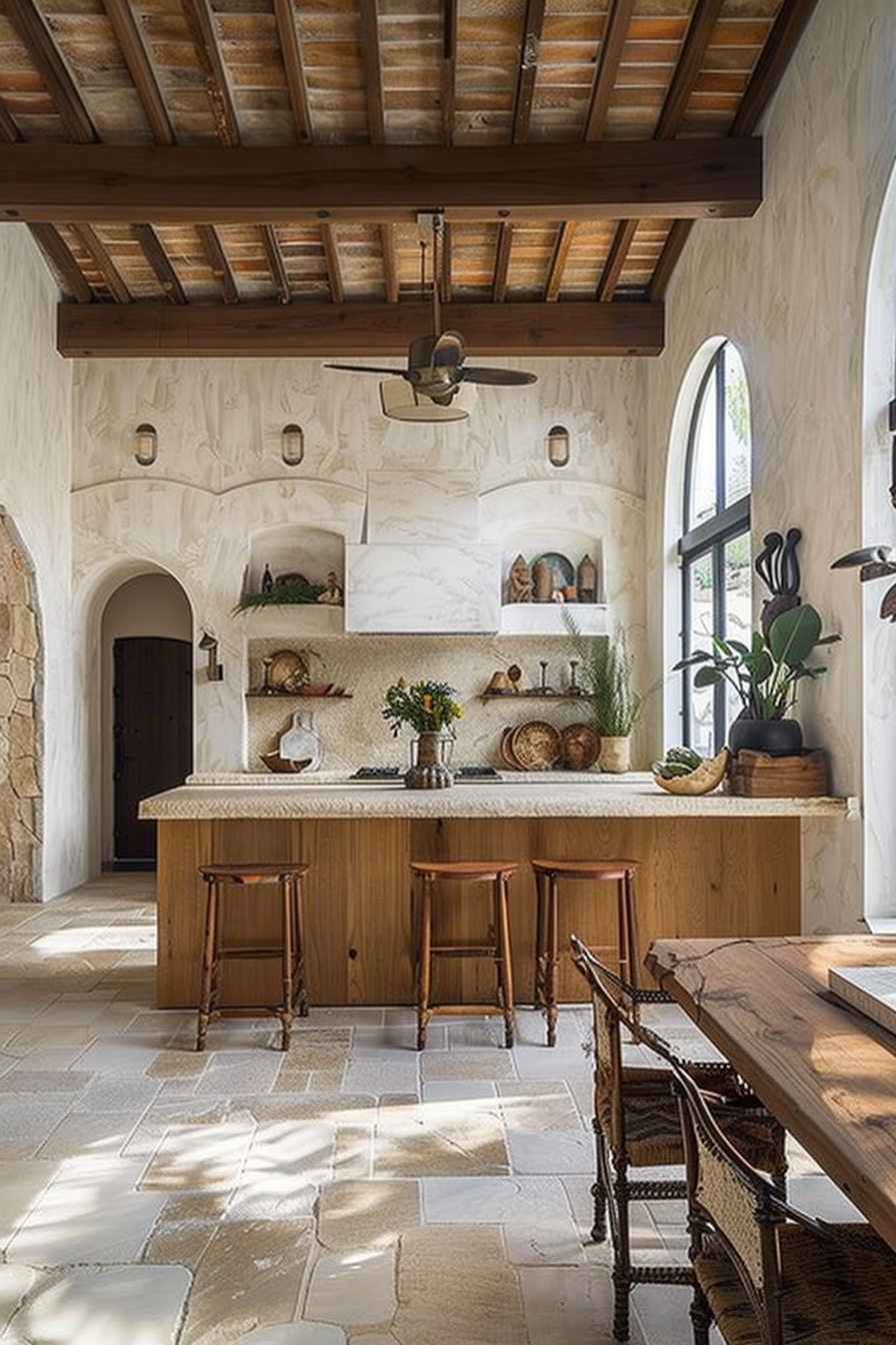 Rustic kitchen interior with stone countertops, wooden cabinetry, and a beamed ceiling, illuminated by natural light from arched windows.