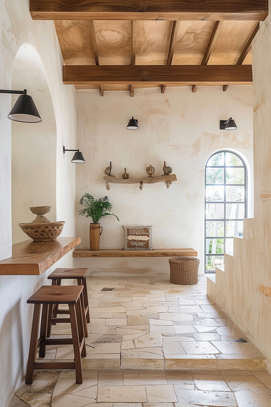 A rustic room with stone floors, plastered walls, wooden beam ceiling, hanging lights, wooden bench, plants, decorative pottery, and arched window.