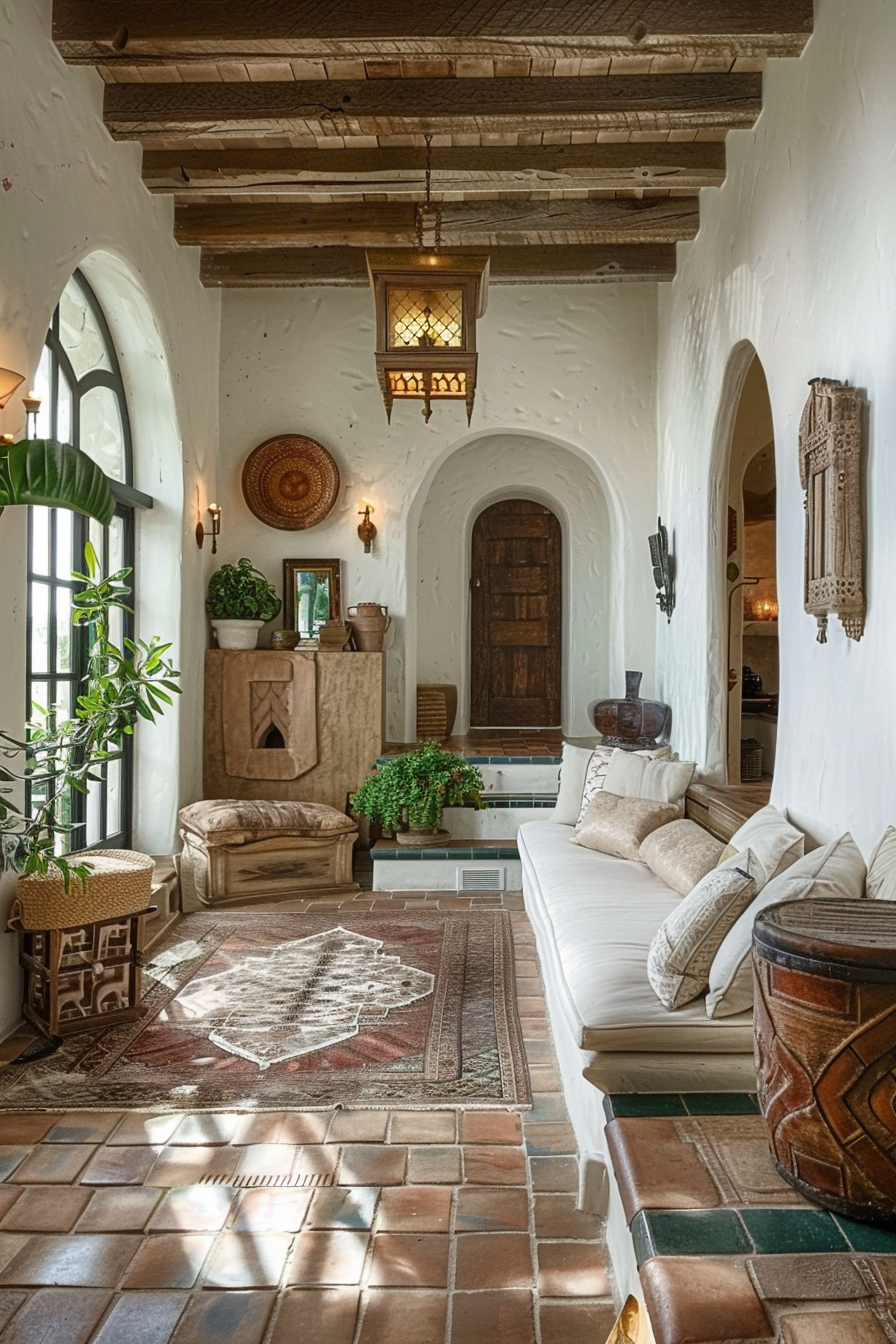 ALT: A cozy Mediterranean-style living area with whitewashed walls, terracotta tiles, a beige sofa, rustic décor, and a fireplace.