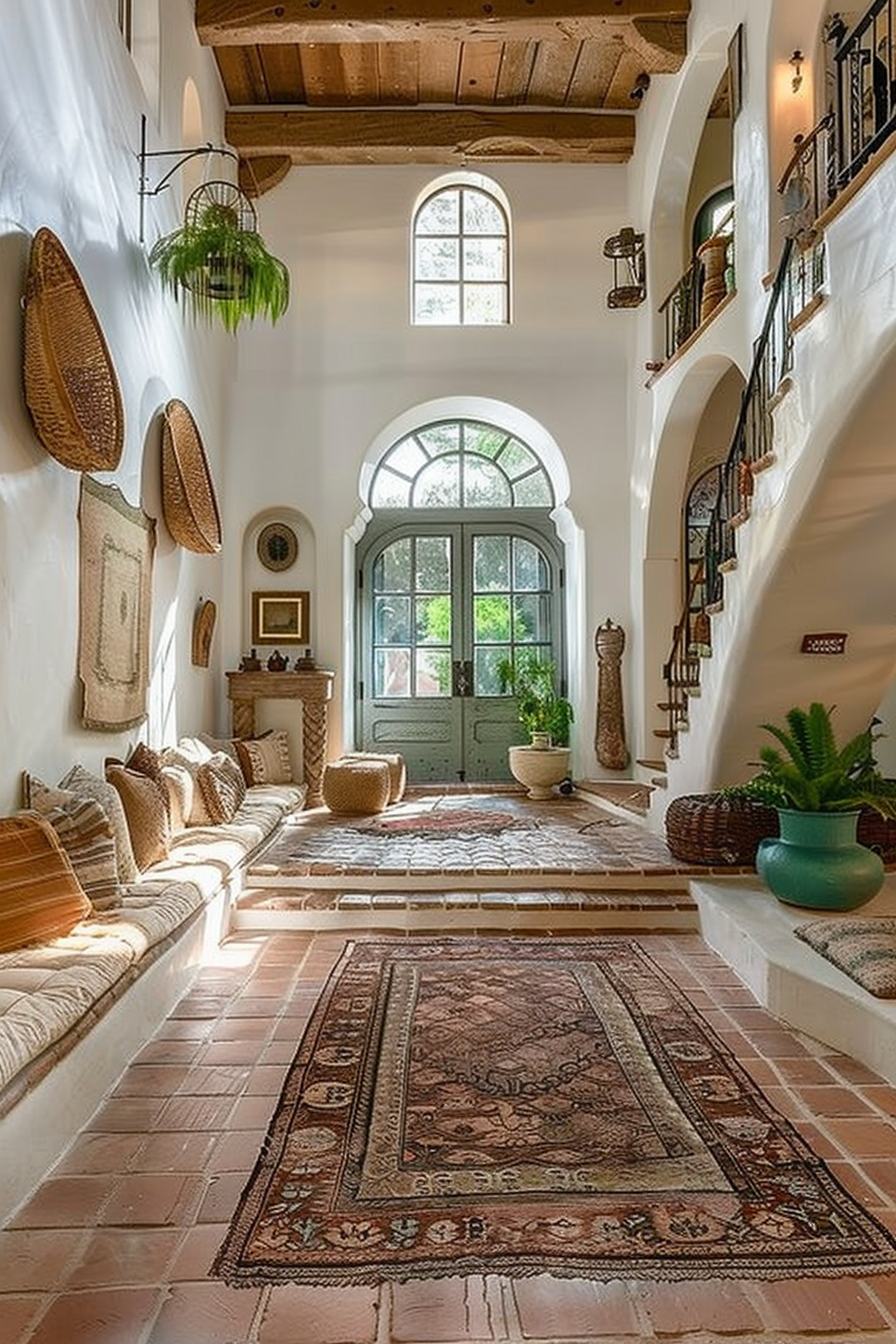 Bright, inviting interior entryway with terracotta tiles, arched doorways, a rustic wooden ceiling, and decorative woven baskets on the wall.