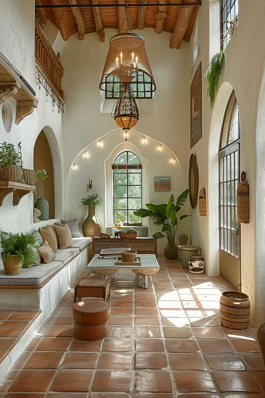 Cozy indoor space with terracotta flooring, white walls, arched windows, wooden ceiling, and rustic decor including potted plants and woven baskets.