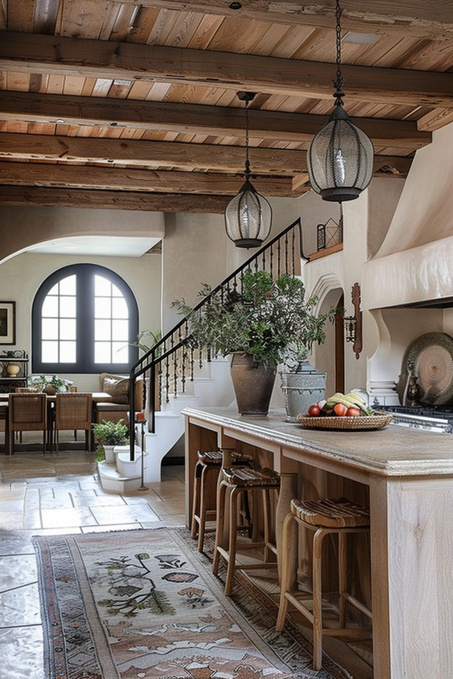 Rustic kitchen interior with wooden beams, an arched window, pendant lights, a kitchen island with stools, and decorative plants.