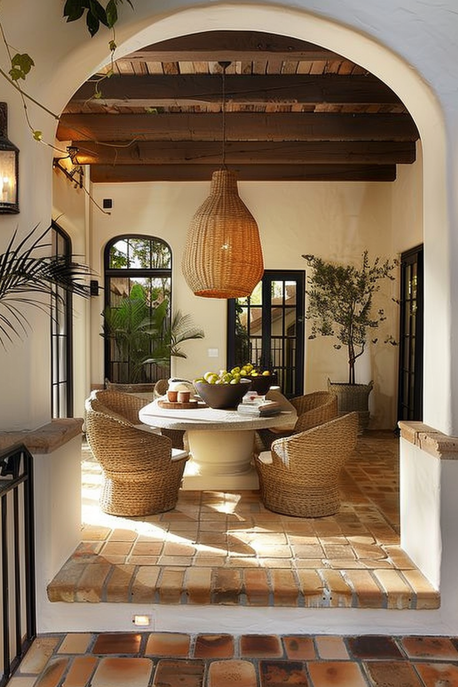 Cozy patio area with terracotta flooring, wicker furniture, a large pendant light, and green plants under an arched entrance.