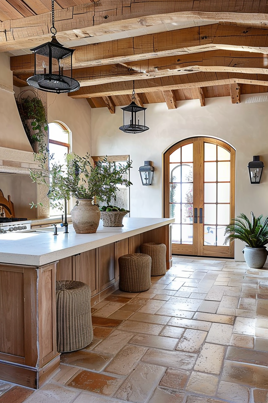 A rustic kitchen interior with terracotta tiles, wooden beams, and two hanging lanterns above a counter with plants and wicker stools.