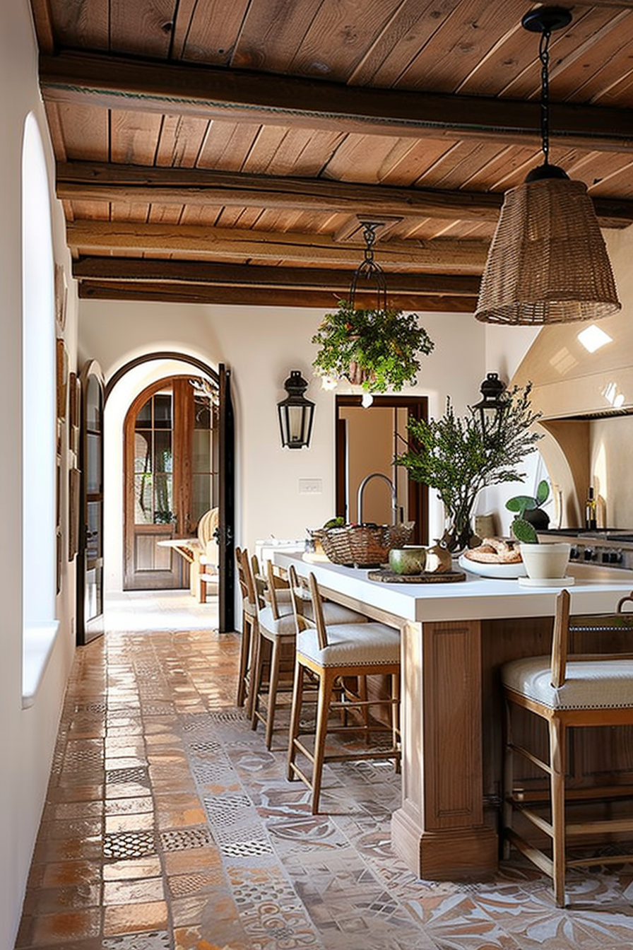 Rustic kitchen interior with wooden beam ceiling, terracotta floor tiles, and arched doorway leading to adjacent room.