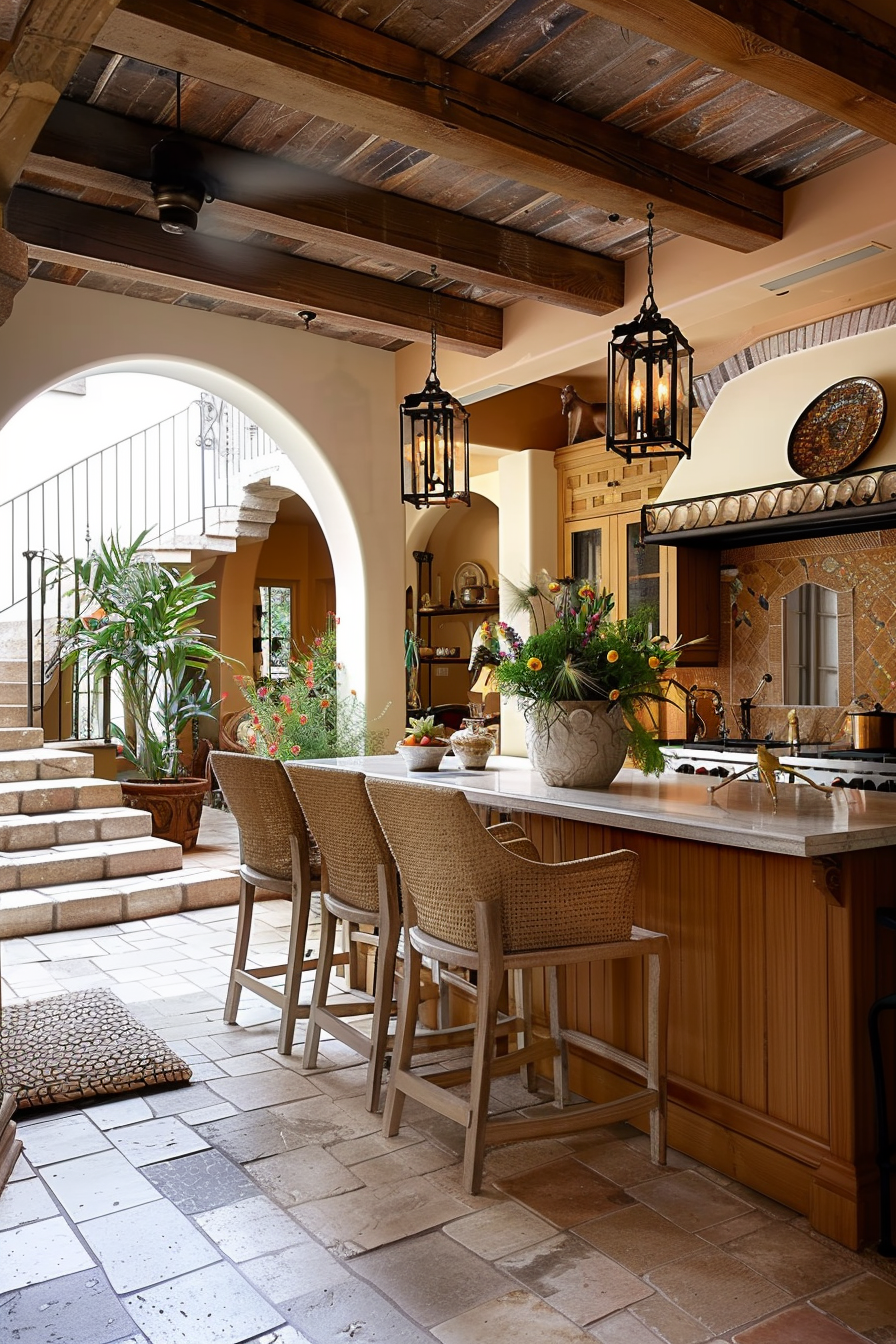 Elegant rustic kitchen with wooden beam ceiling, hanging lanterns, and a bar area with wicker chairs overlooking a sunny patio.