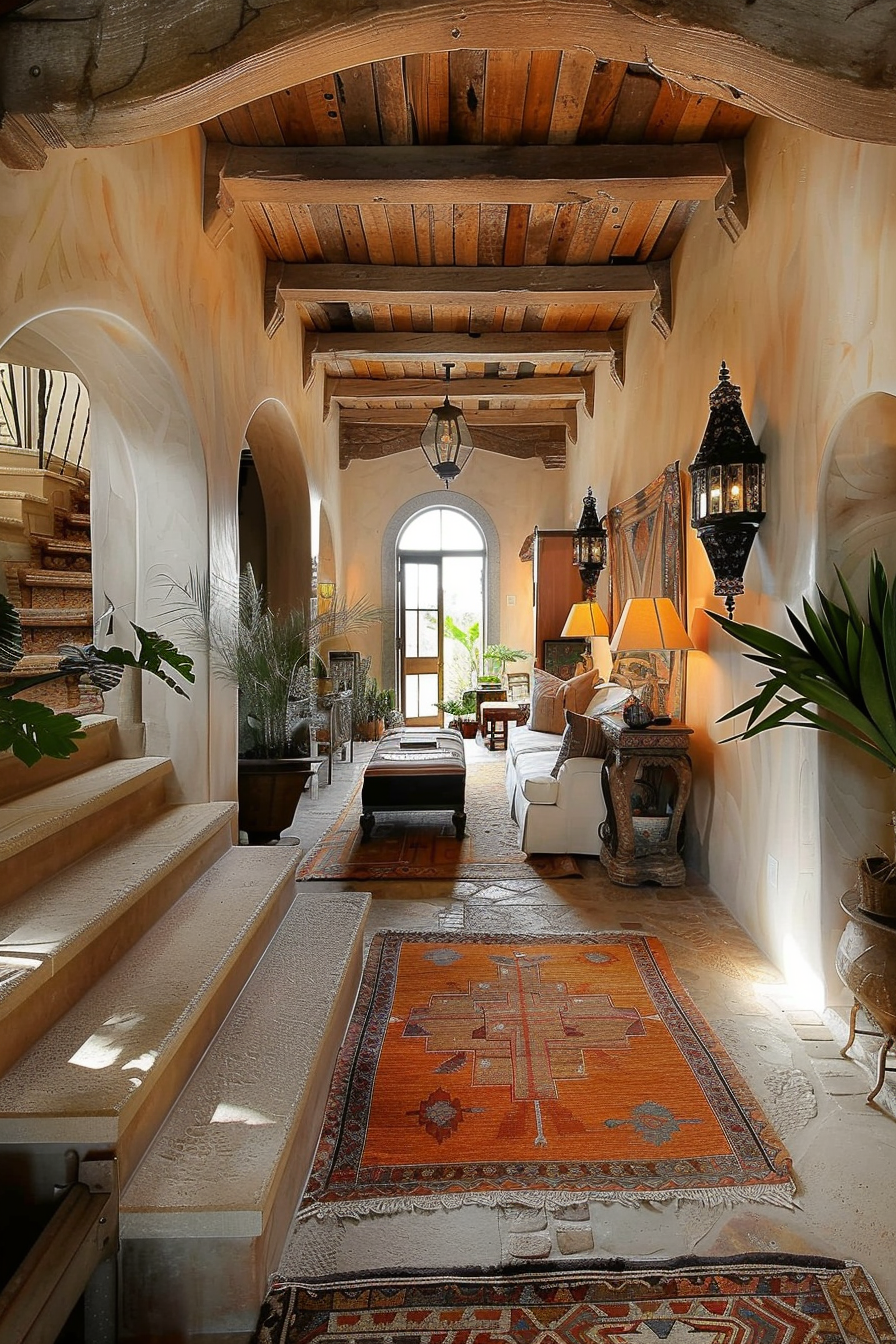 ALT: Rustic interior hallway with exposed wooden beams, arches, oriental rugs, hanging lanterns, and a mix of modern and traditional furnishings.