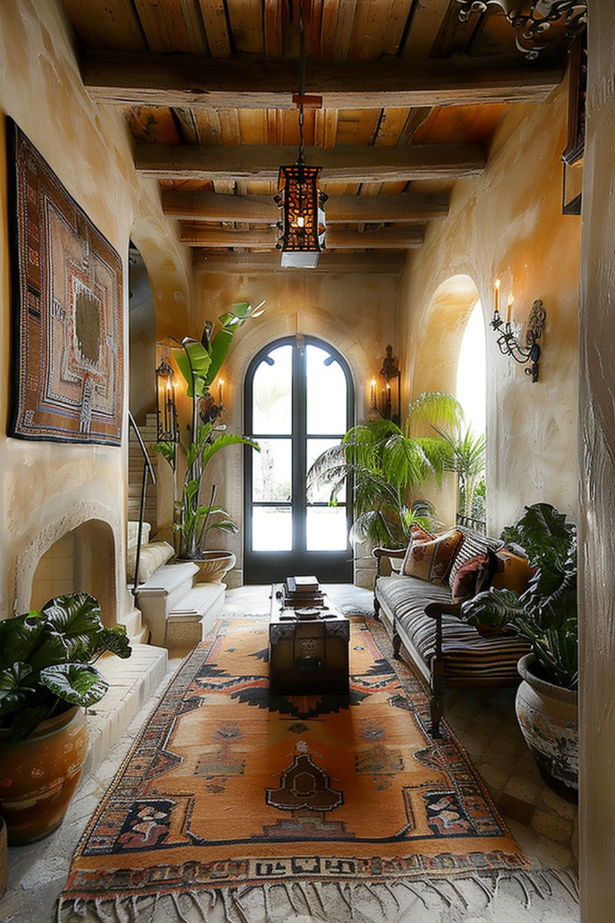 Cozy Mediterranean-style interior with arched doorways, exposed wooden beams, oriental rug, and abundant greenery beneath a large window.