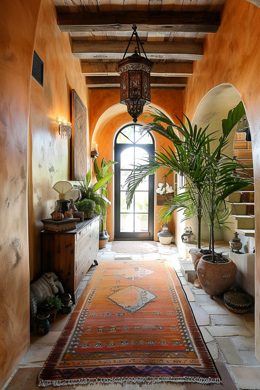 A warmly lit interior hallway with terracotta walls, an ornate lantern, a staircase, plants, and a patterned rug leading to a glass door.