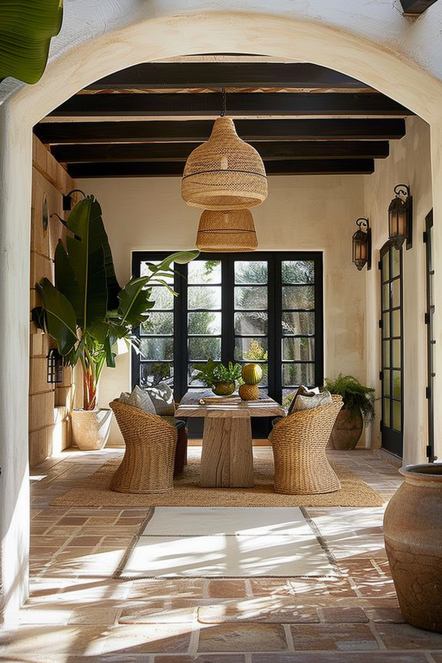 Rustic dining nook with woven pendant lights, rattan chairs, and terracotta flooring in a room with arched doorway and large window.