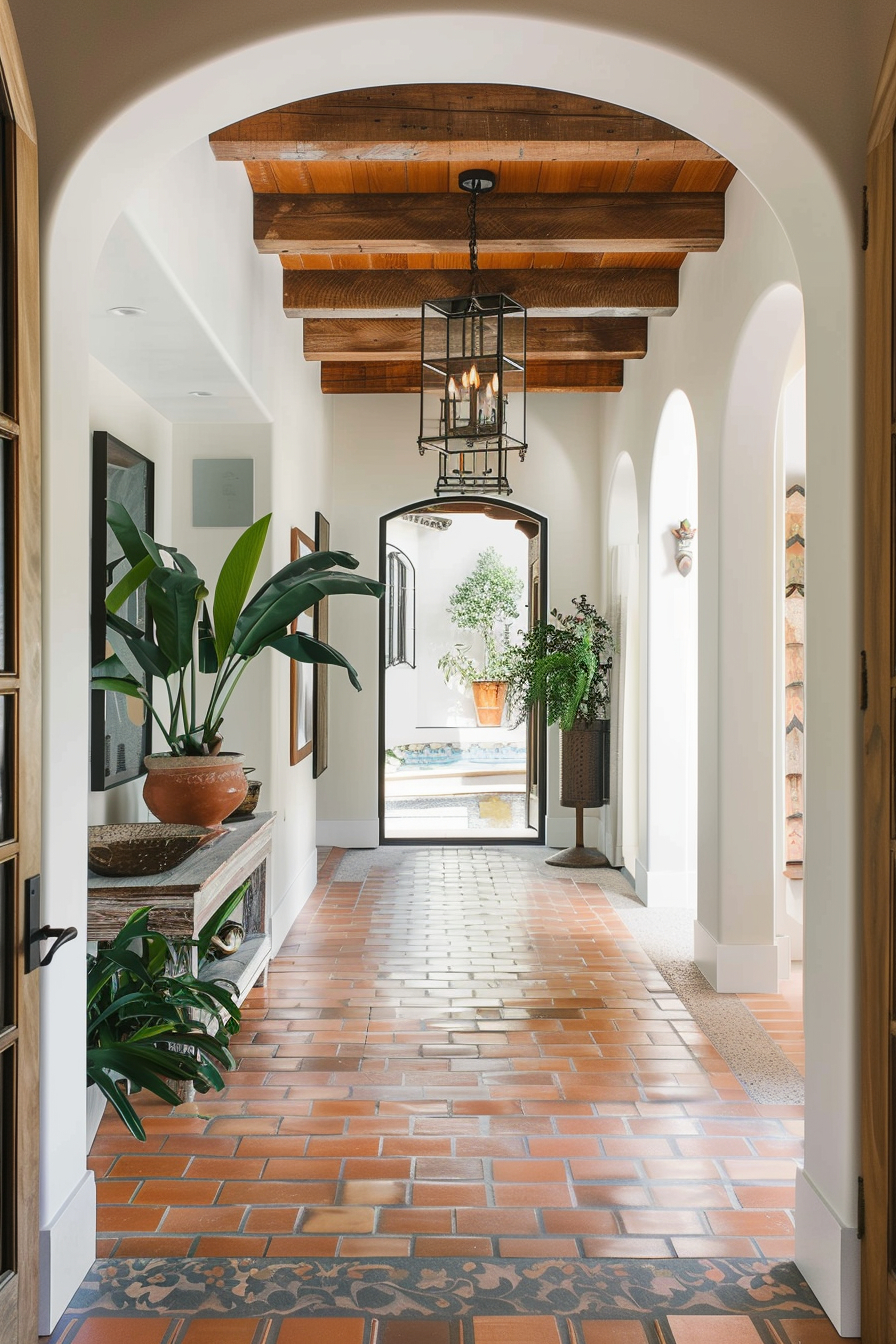 Elegant hallway with terracotta tiles, arched doorways, wooden ceiling beams, hanging lantern, and potted plants leading to an open door.
