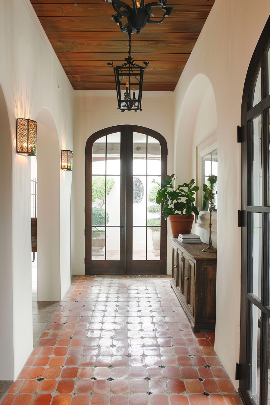 Elegant hallway with terracotta tiled floor, arched wooden door, white walls, antique wood console, and iron lantern chandelier.