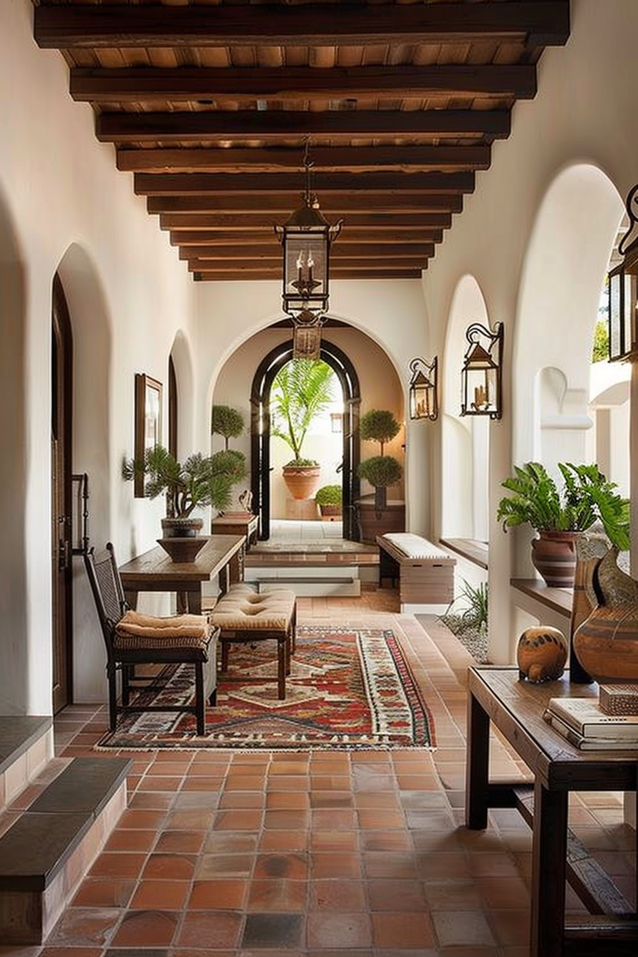 Alt text: An elegant hallway with terracotta flooring, arched doorways, hanging lanterns, wooden beams, and Mediterranean-inspired decor.