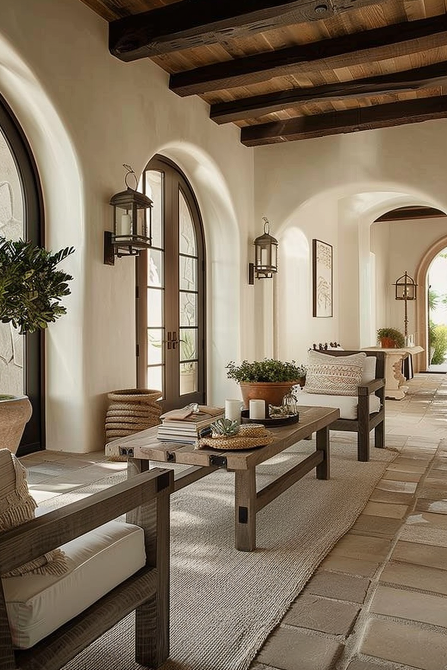 Elegant interior hallway with arched windows, wooden ceiling beams, rustic benches, and decorative hanging lanterns.