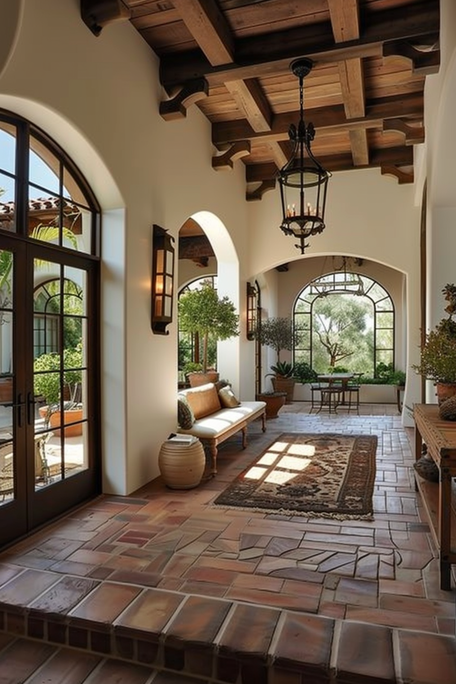 Elegant hallway with terracotta tiles, beamed ceiling, wrought iron chandeliers, and arched doorways leading to a garden.