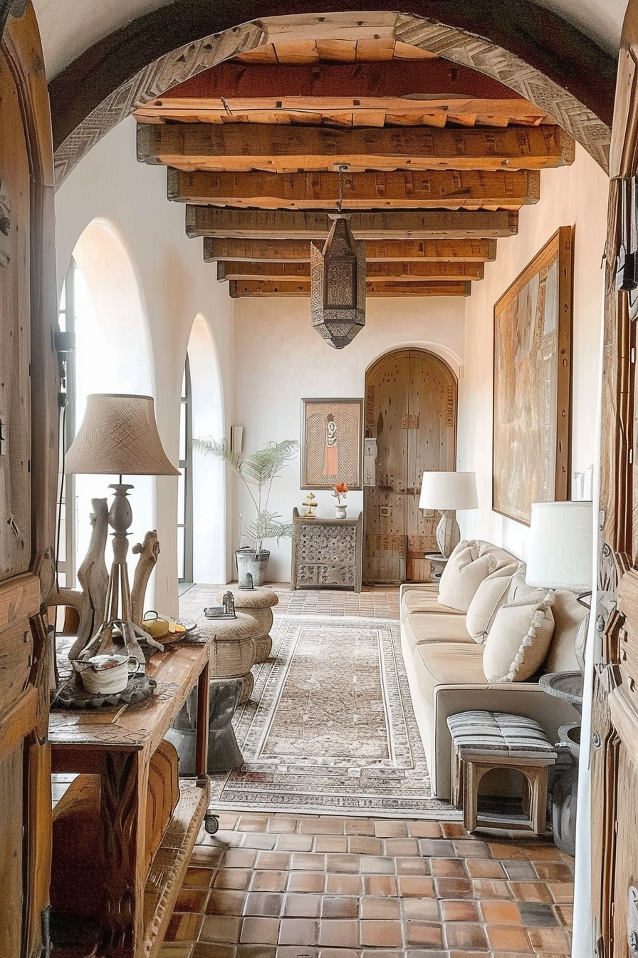 A cozy rustic living room with terracotta floor tiles, wooden beams, an ornate hanging lantern, and comfortable cream-colored furniture.