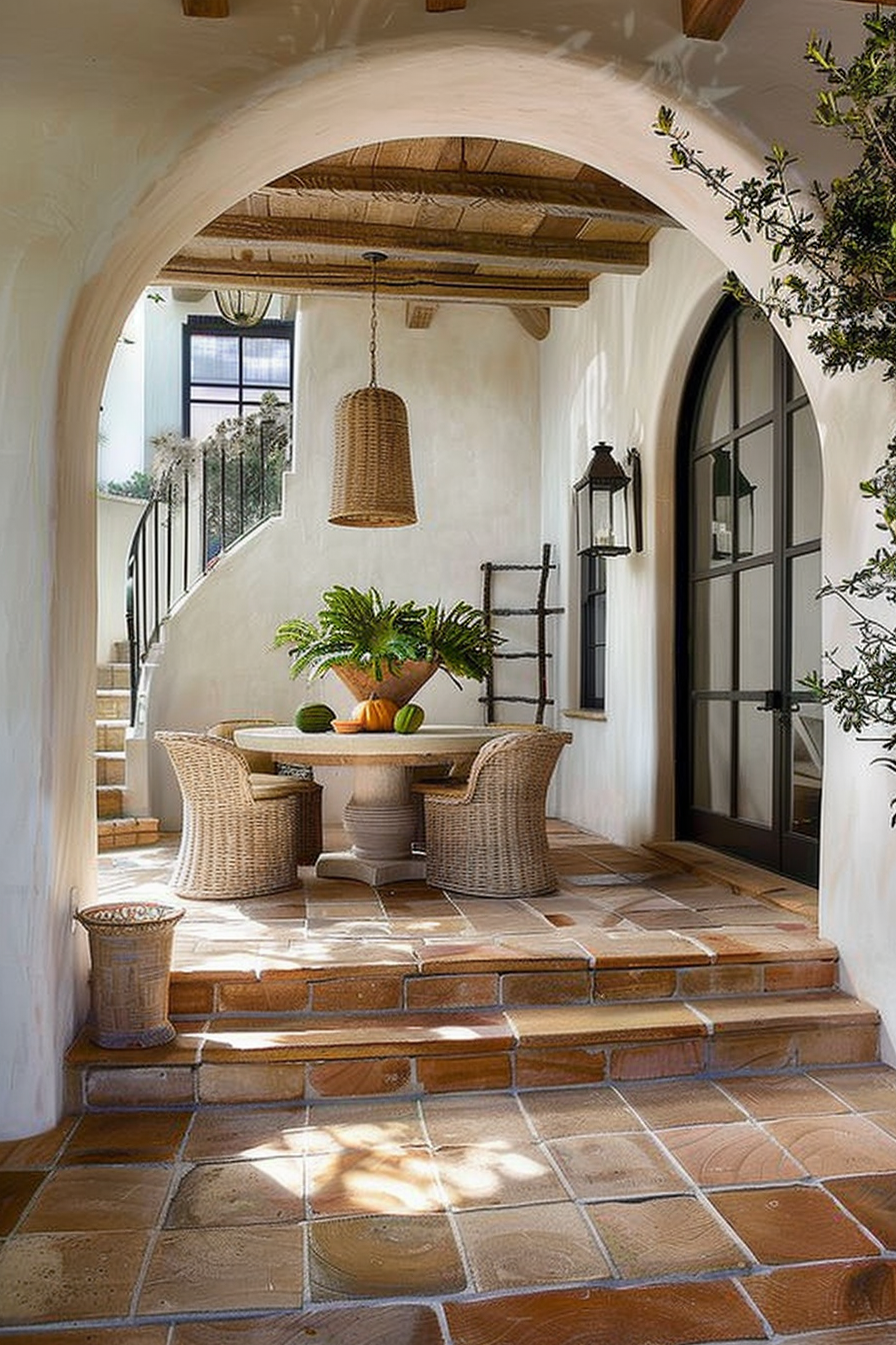 A Mediterranean style patio with terracotta tiles, wicker furniture, potted plants, and a wicker pendant lamp, framed by an arched entryway.