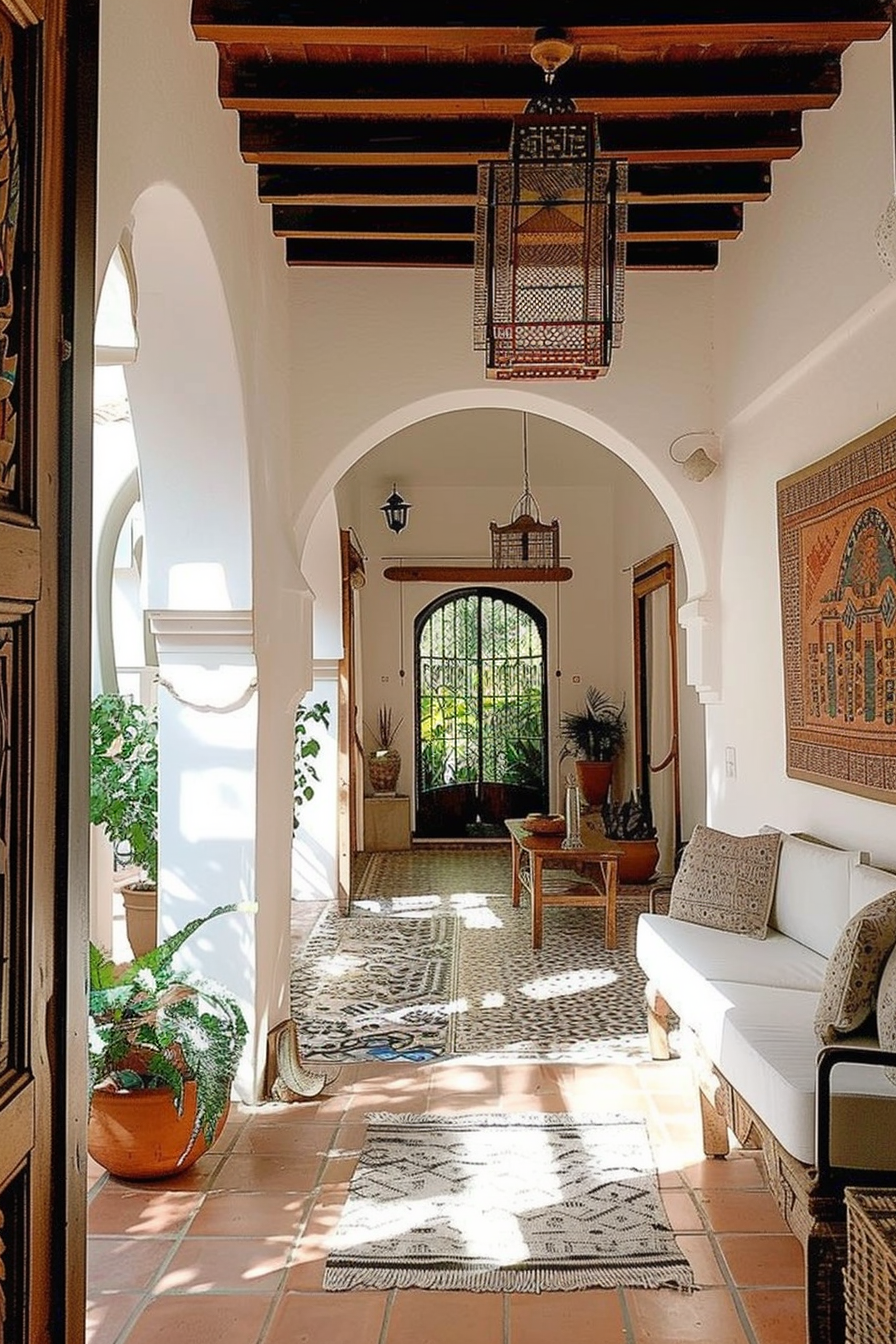 Sunlit Spanish-style corridor with terracotta tiles, white arches, patterned rugs, and hanging lanterns leading to a lush garden view.