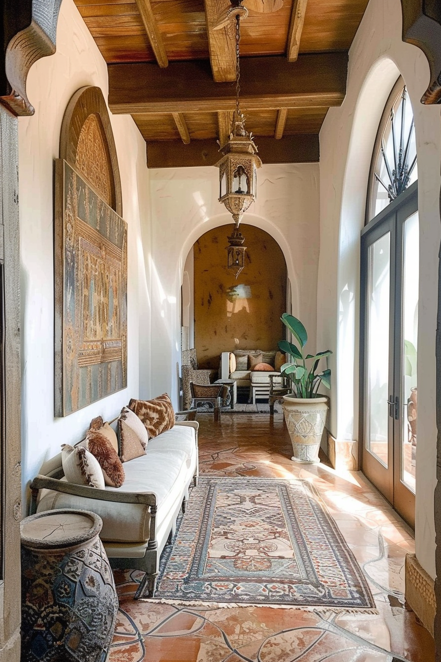 Elegant hallway with arched doorways, terracotta tiles, ornate hanging lanterns, and a mix of traditional decor.