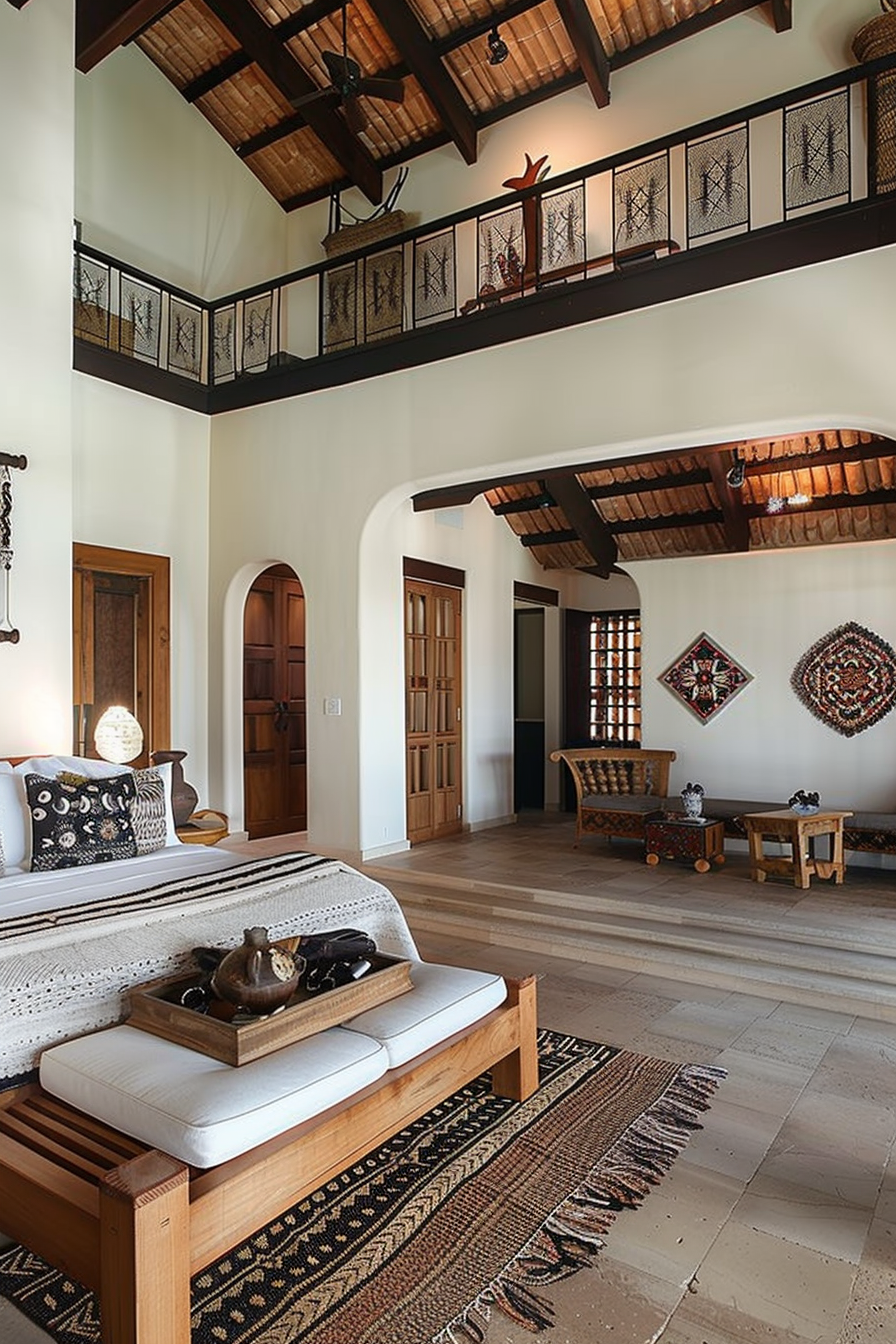 Spacious interior with high ceilings, wooden beams, mezzanine, traditional decor, woven rugs, and wooden furniture.