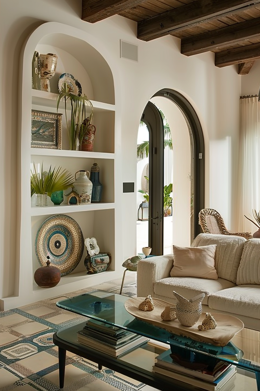 Elegant living room with arched doorway, white built-in shelves, wooden beams, and patterned area rug with eclectic decor.