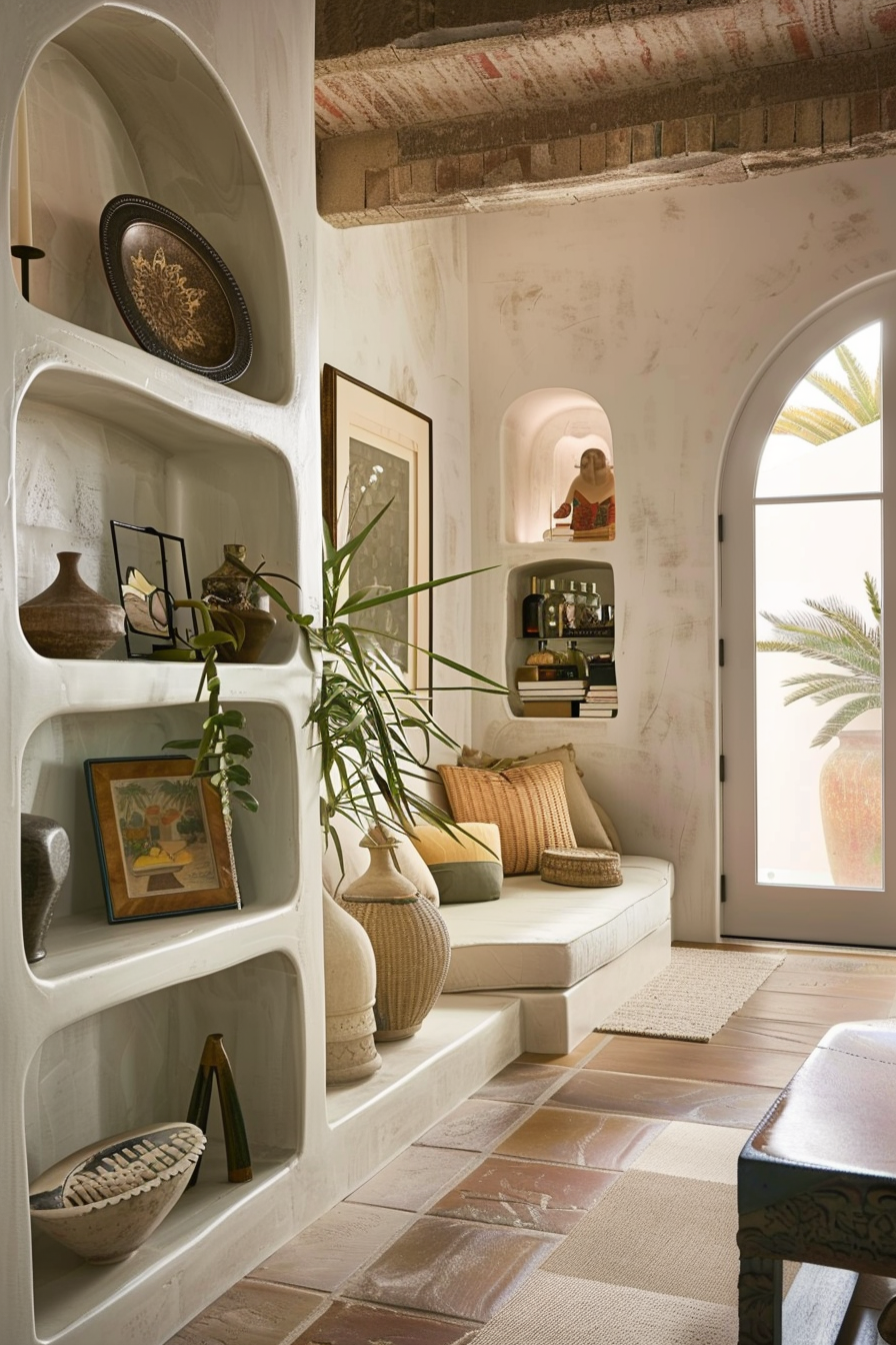 A cozy nook with built-in seating and shelving, filled with decorative items, plants, and pillows, beside a large arched window with a view of palm trees.