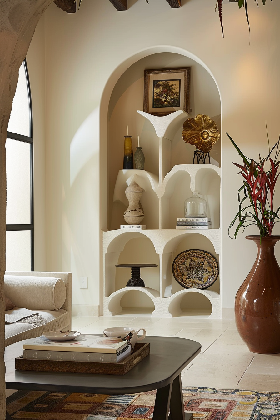 A cozy living room corner with an arched built-in shelf displaying various decorative items, next to a comfy beige chair and a round table.