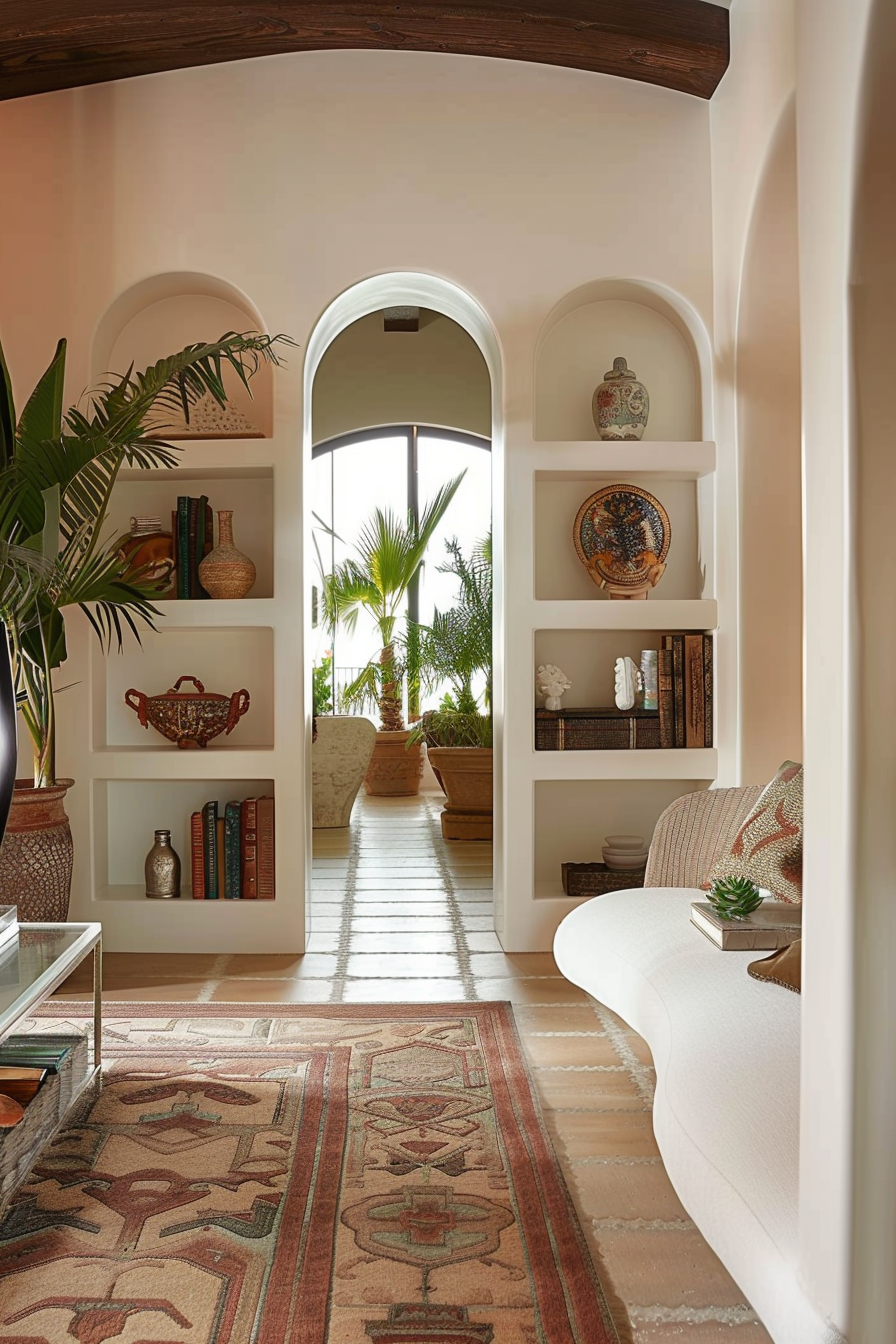 Cozy interior hallway with built-in shelves, decorative objects, archway leading to a sunny room with plants and patterned rug flooring.